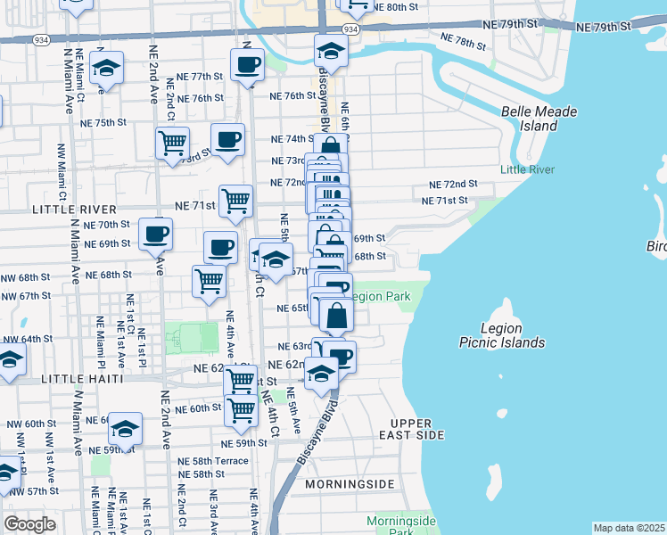 map of restaurants, bars, coffee shops, grocery stores, and more near 6701 Biscayne Boulevard in Miami