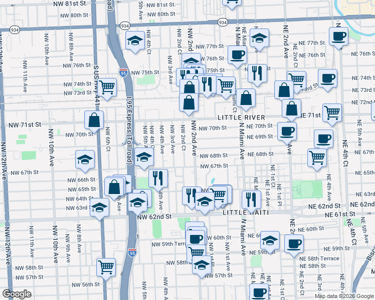 map of restaurants, bars, coffee shops, grocery stores, and more near 6825 Northwest 2nd Avenue in Miami