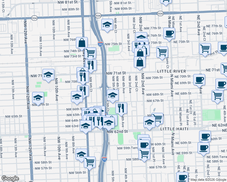 map of restaurants, bars, coffee shops, grocery stores, and more near 6834 Northwest 5 Avenue in Miami