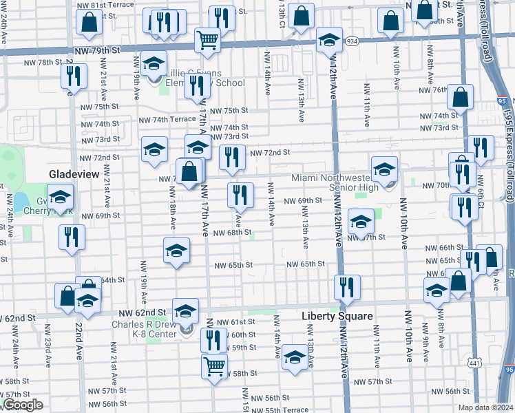 map of restaurants, bars, coffee shops, grocery stores, and more near 1415 Northwest 69th Street in Miami