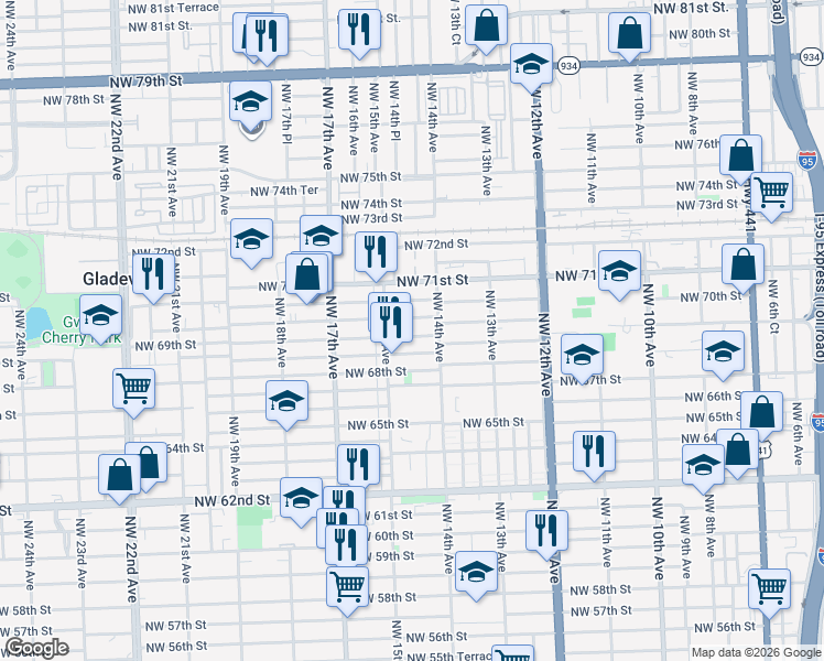 map of restaurants, bars, coffee shops, grocery stores, and more near 1415 Northwest 69th Street in Miami