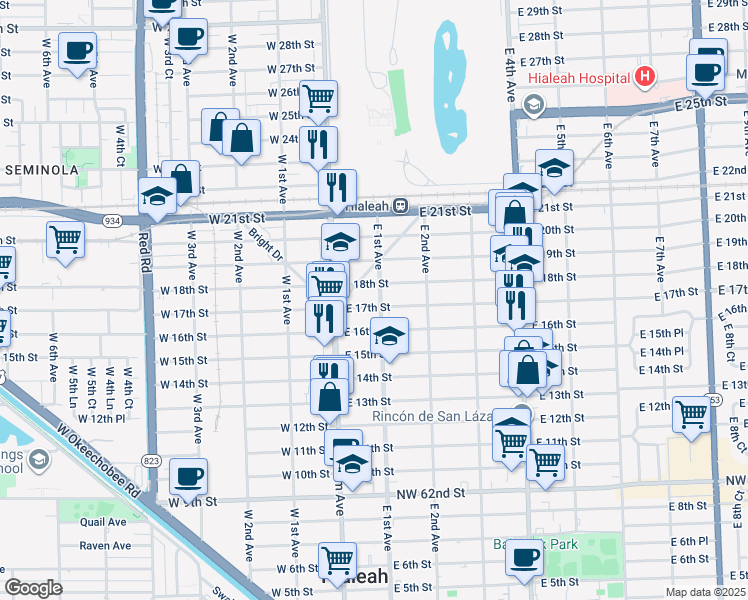 map of restaurants, bars, coffee shops, grocery stores, and more near 83 East 17th Street in Hialeah