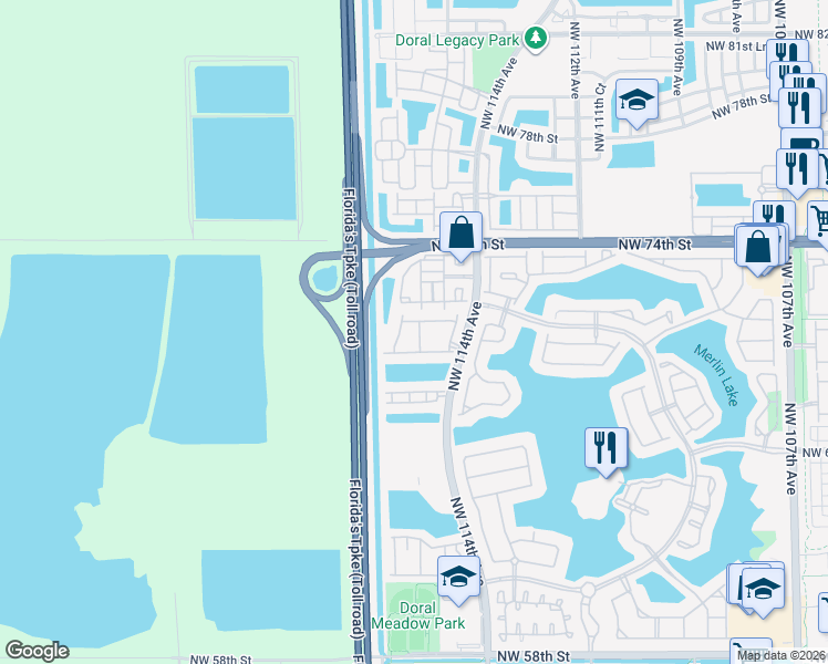 map of restaurants, bars, coffee shops, grocery stores, and more near 7065 Northwest 116th Court in Doral