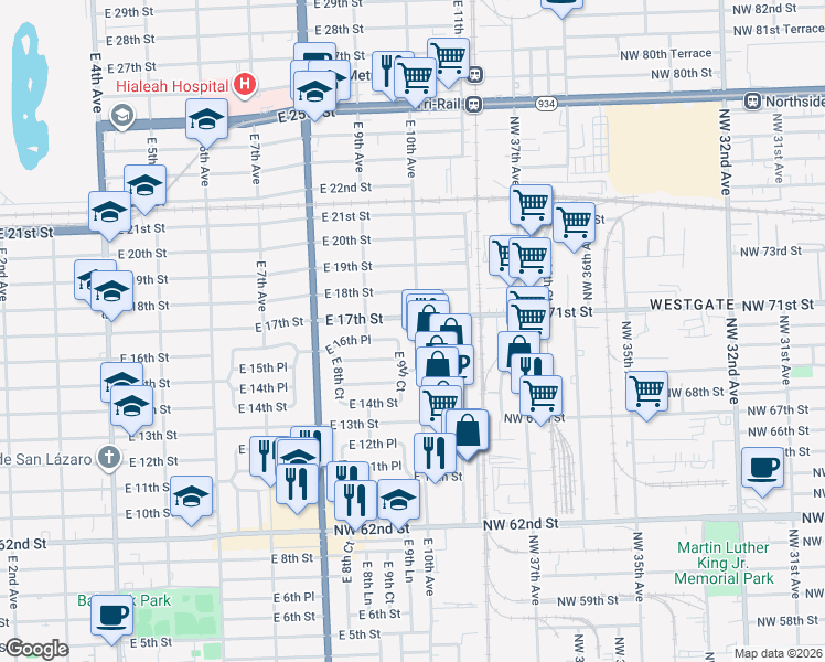 map of restaurants, bars, coffee shops, grocery stores, and more near 1602 East 10th Avenue in Hialeah