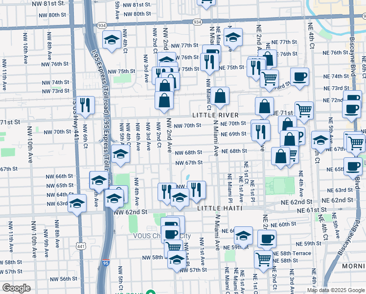map of restaurants, bars, coffee shops, grocery stores, and more near 166 Northwest 68th Terrace in Miami