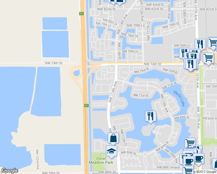 map of restaurants, bars, coffee shops, grocery stores, and more near 7022 Northwest 114th Court in Doral