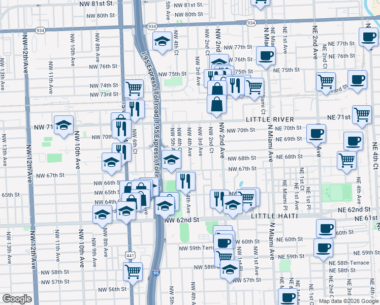 map of restaurants, bars, coffee shops, grocery stores, and more near 6820 Northwest 4th Avenue in Miami
