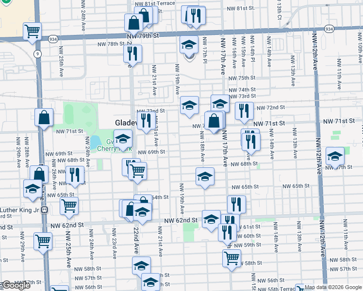 map of restaurants, bars, coffee shops, grocery stores, and more near 1890 Northwest 69th Terrace in Miami
