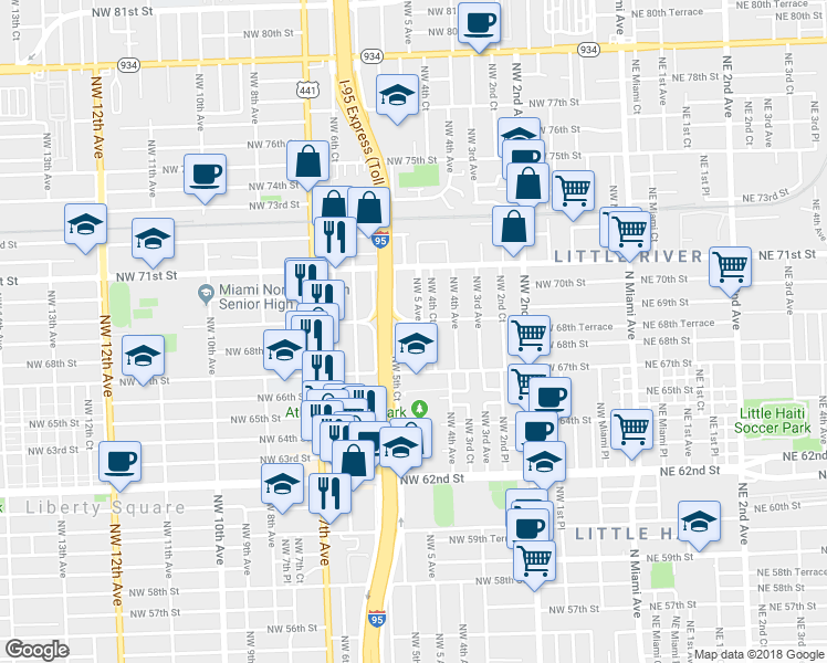 map of restaurants, bars, coffee shops, grocery stores, and more near 6834 Northwest 5 Avenue in Miami