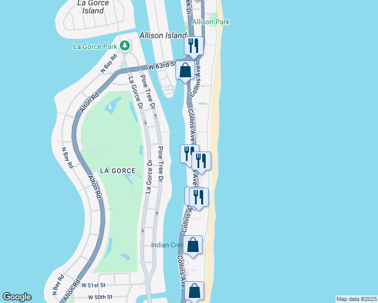 map of restaurants, bars, coffee shops, grocery stores, and more near 5700 Collins Avenue in Miami Beach