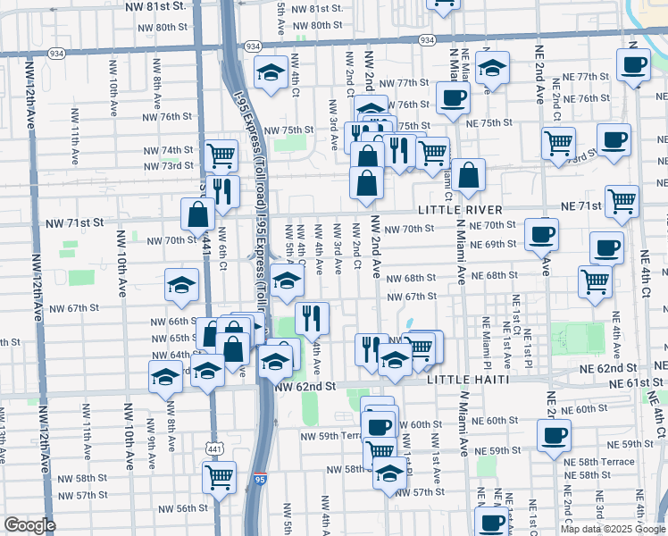 map of restaurants, bars, coffee shops, grocery stores, and more near 6829 Northwest 3rd Avenue in Miami