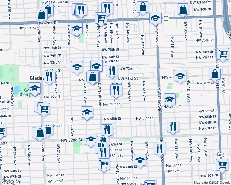 map of restaurants, bars, coffee shops, grocery stores, and more near 6913 Northwest 15th Avenue in Miami