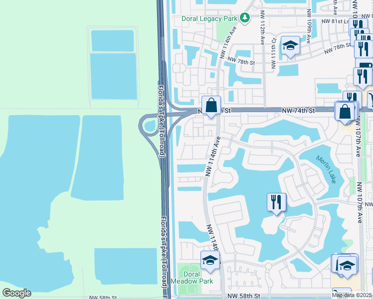 map of restaurants, bars, coffee shops, grocery stores, and more near 7065 Northwest 116th Court in Doral
