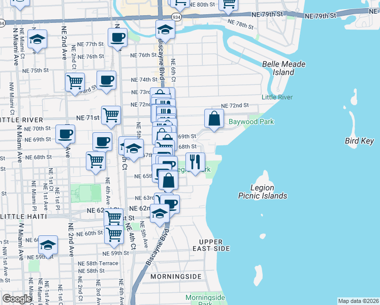 map of restaurants, bars, coffee shops, grocery stores, and more near 701 Northeast 67th Street in Miami