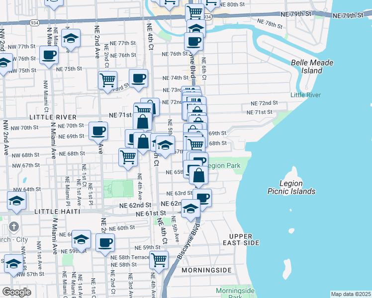 map of restaurants, bars, coffee shops, grocery stores, and more near 543 Northeast 67th Street in Miami