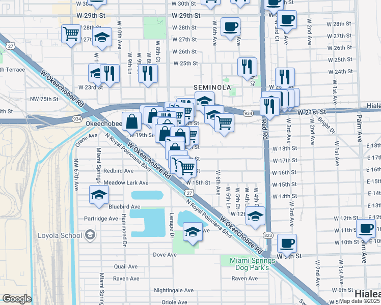 map of restaurants, bars, coffee shops, grocery stores, and more near 741 West 17th Street in Hialeah