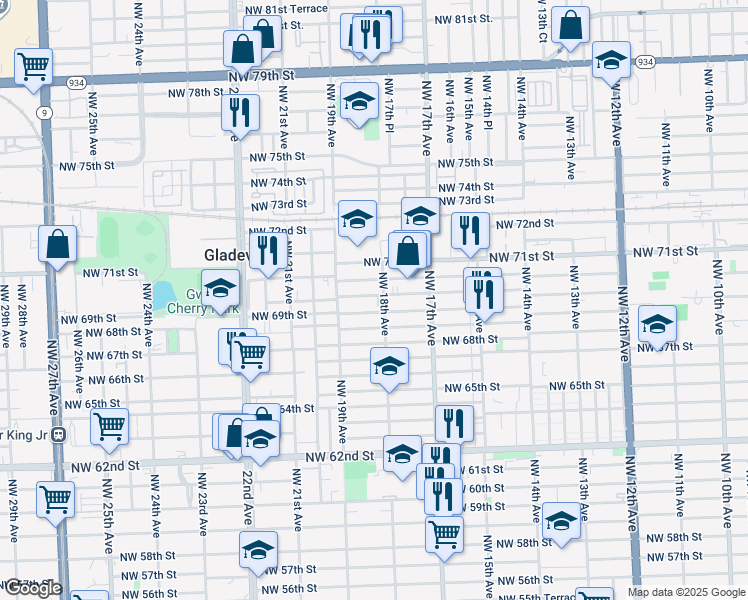 map of restaurants, bars, coffee shops, grocery stores, and more near 1810 Northwest 69th Terrace in Miami