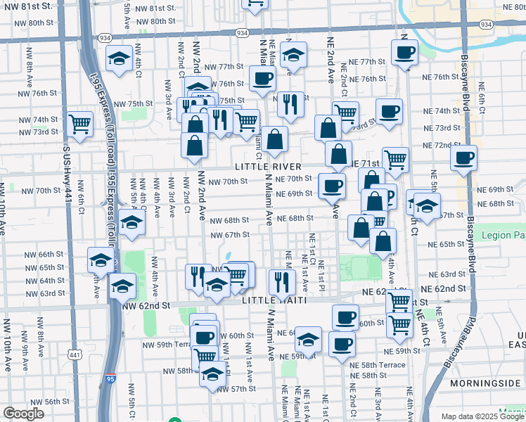 map of restaurants, bars, coffee shops, grocery stores, and more near 46 Northwest 68th Terrace in Miami