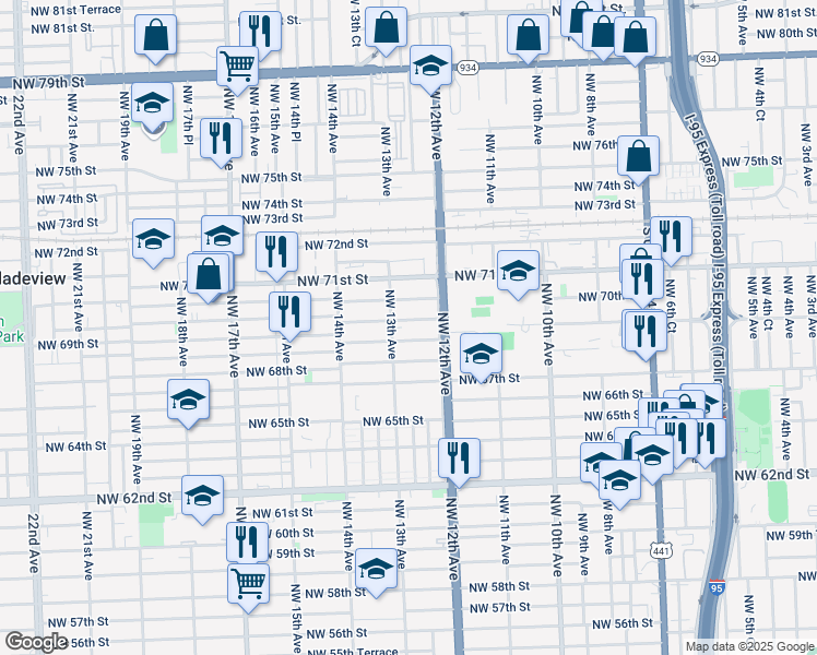 map of restaurants, bars, coffee shops, grocery stores, and more near 1275 Northwest 68th Terrace in Miami
