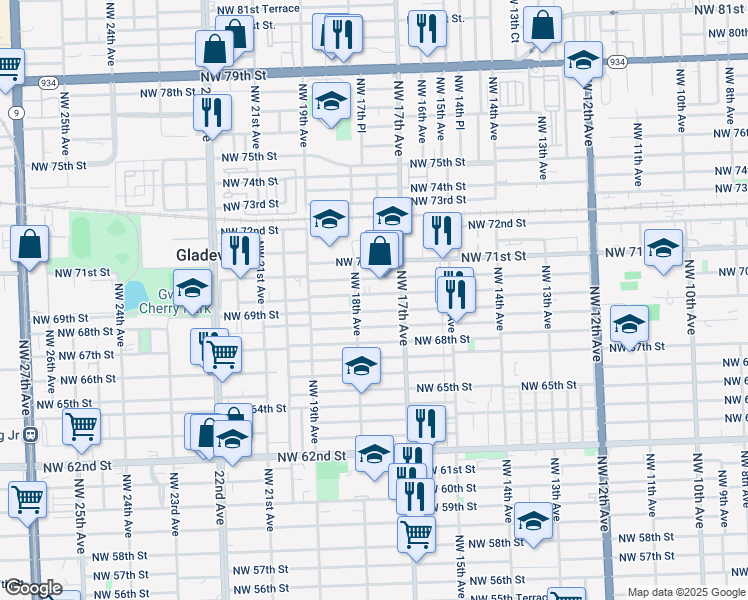 map of restaurants, bars, coffee shops, grocery stores, and more near 1736 Northwest 69th Terrace in Miami