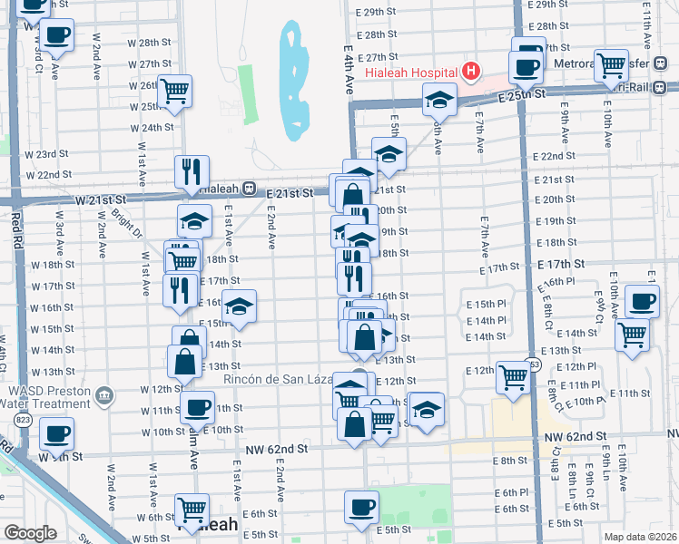 map of restaurants, bars, coffee shops, grocery stores, and more near 311 East 17th Street in Hialeah