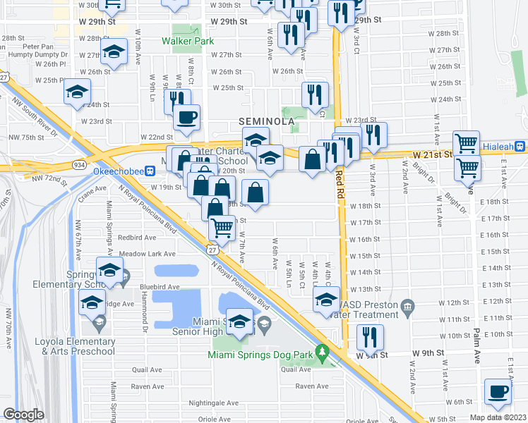 map of restaurants, bars, coffee shops, grocery stores, and more near 650 West 18th Street in Hialeah