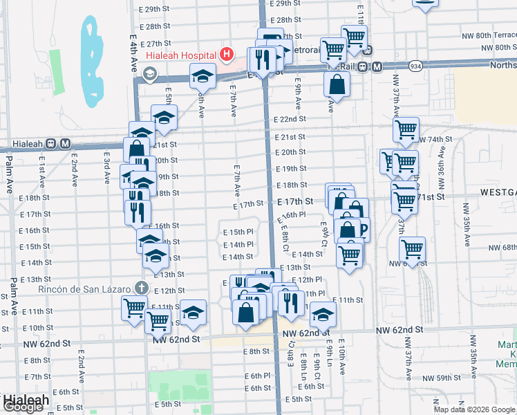 map of restaurants, bars, coffee shops, grocery stores, and more near 760 East 17th Street in Hialeah