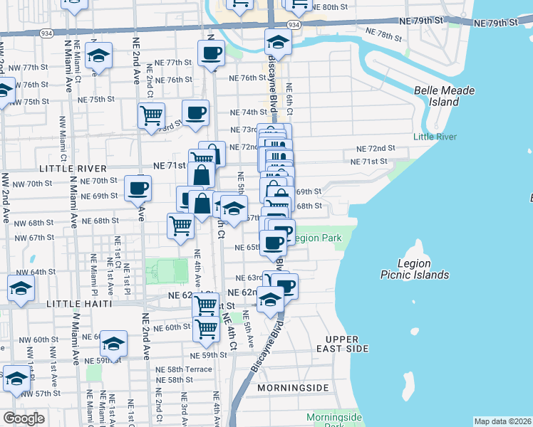 map of restaurants, bars, coffee shops, grocery stores, and more near 571 Northeast 67th Street in Miami