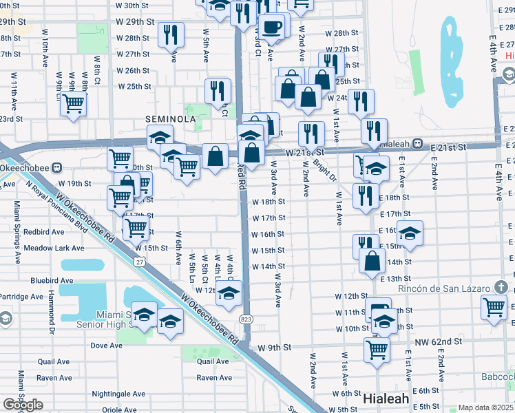 map of restaurants, bars, coffee shops, grocery stores, and more near 354 West 18th Street in Hialeah