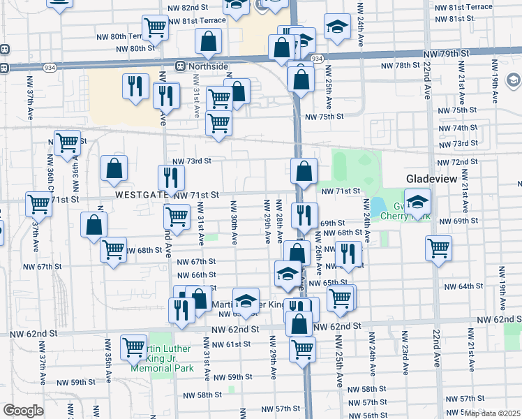 map of restaurants, bars, coffee shops, grocery stores, and more near 2920 Northwest 70th Terrace in Miami