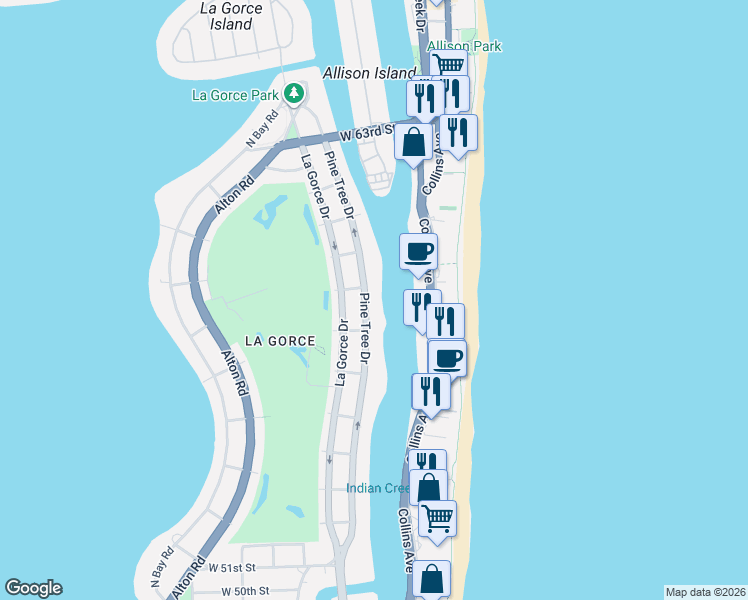 map of restaurants, bars, coffee shops, grocery stores, and more near 5758 Pine Tree Drive in Miami Beach