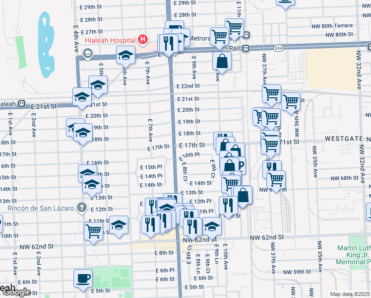 map of restaurants, bars, coffee shops, grocery stores, and more near 830 East 17th Street in Hialeah