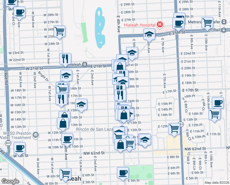 map of restaurants, bars, coffee shops, grocery stores, and more near 311 East 17th Street in Hialeah