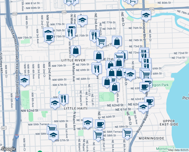 map of restaurants, bars, coffee shops, grocery stores, and more near 172 Northeast 68th Terrace in Miami