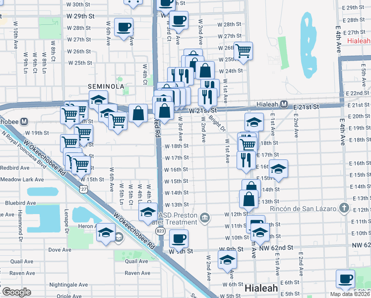 map of restaurants, bars, coffee shops, grocery stores, and more near 284 West 18th Street in Hialeah