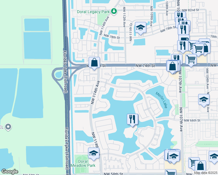 map of restaurants, bars, coffee shops, grocery stores, and more near 7101 Northwest 113th Court in Doral