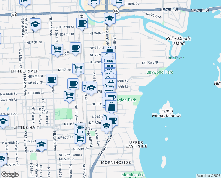 map of restaurants, bars, coffee shops, grocery stores, and more near in Miami