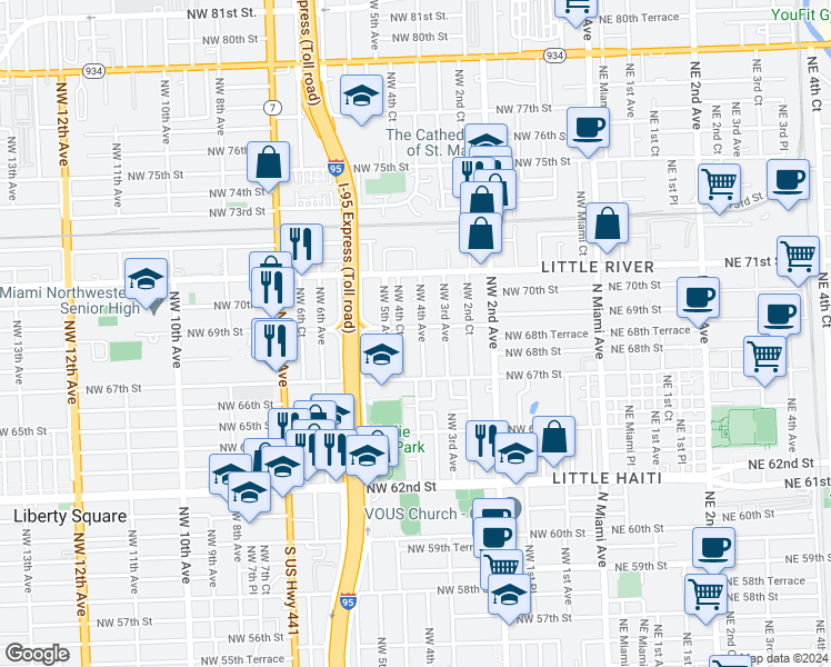 map of restaurants, bars, coffee shops, grocery stores, and more near 6820 Northwest 4th Avenue in Miami