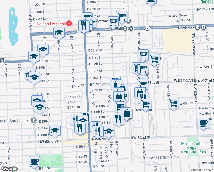 map of restaurants, bars, coffee shops, grocery stores, and more near 901 East 16th Place in Hialeah