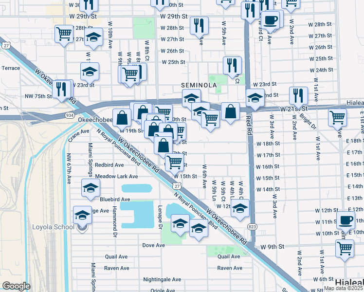 map of restaurants, bars, coffee shops, grocery stores, and more near 741 West 17th Street in Hialeah