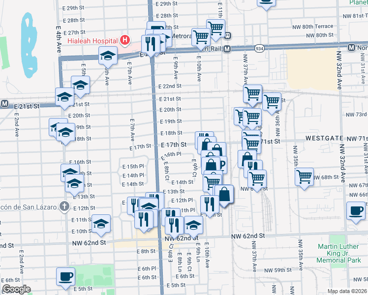 map of restaurants, bars, coffee shops, grocery stores, and more near 920 East 17th Street in Hialeah