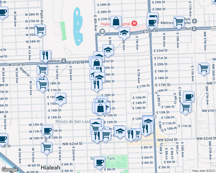 map of restaurants, bars, coffee shops, grocery stores, and more near 467 East 17th Street in Hialeah