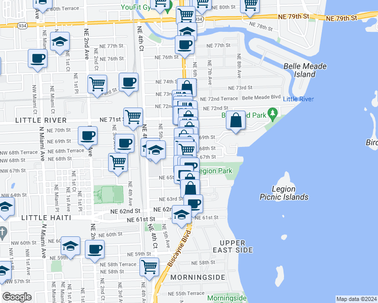 map of restaurants, bars, coffee shops, grocery stores, and more near 6711 Biscayne Boulevard in Miami
