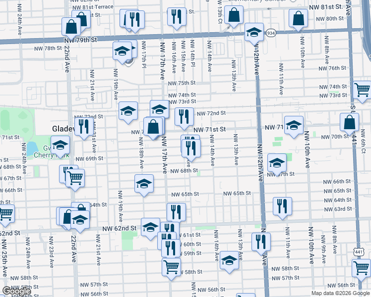 map of restaurants, bars, coffee shops, grocery stores, and more near 6913 Northwest 15th Avenue in Miami