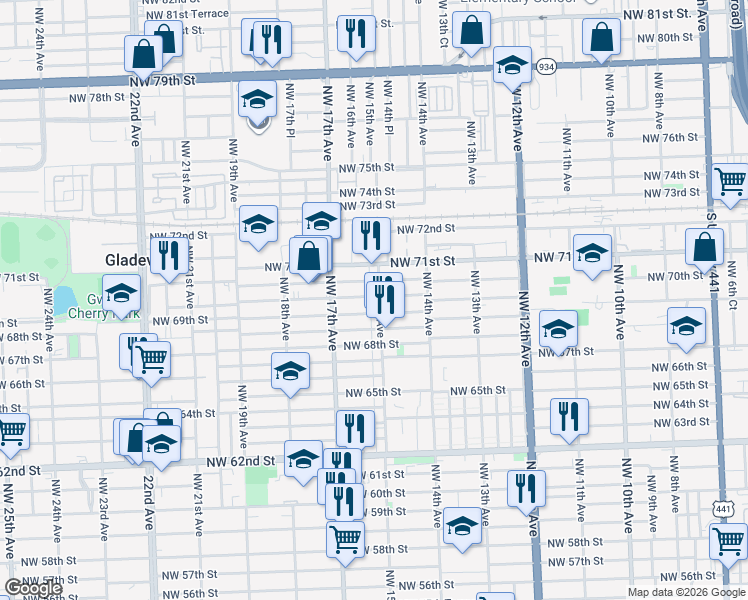 map of restaurants, bars, coffee shops, grocery stores, and more near 1500 Northwest 69th Terrace in Miami