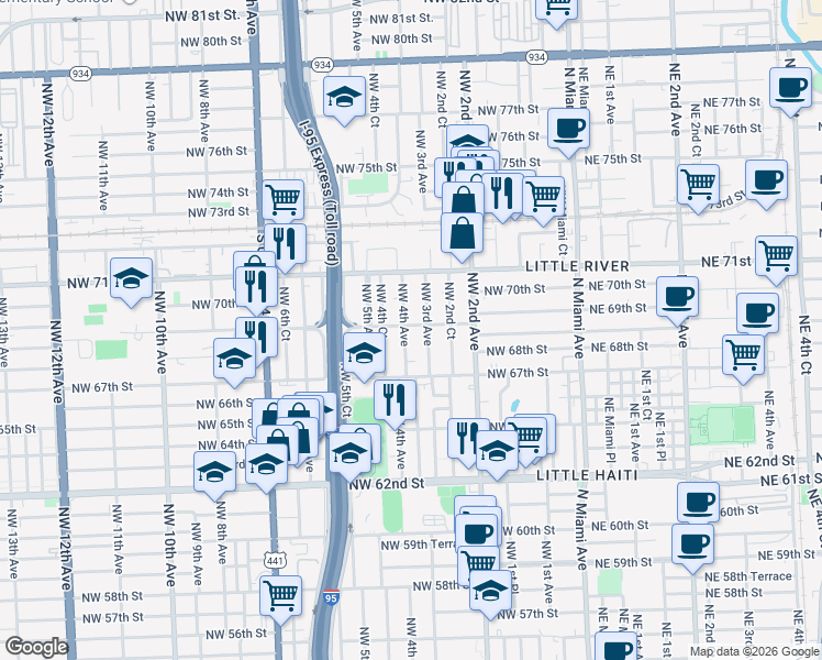 map of restaurants, bars, coffee shops, grocery stores, and more near 6820 Northwest 4th Avenue in Miami