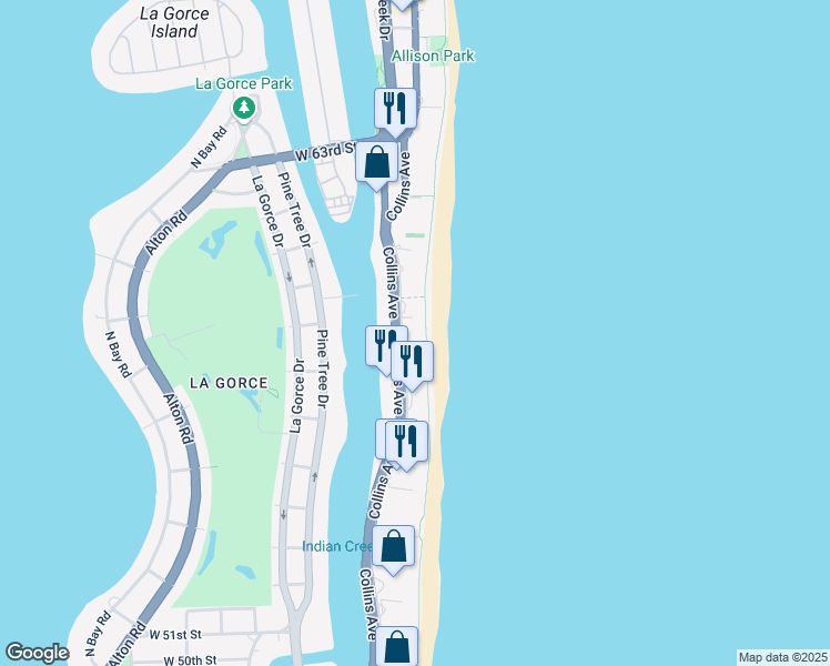 map of restaurants, bars, coffee shops, grocery stores, and more near 5700 Collins Avenue in Miami Beach