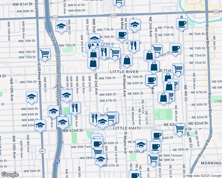 map of restaurants, bars, coffee shops, grocery stores, and more near 160 Northwest 68th Terrace in Miami