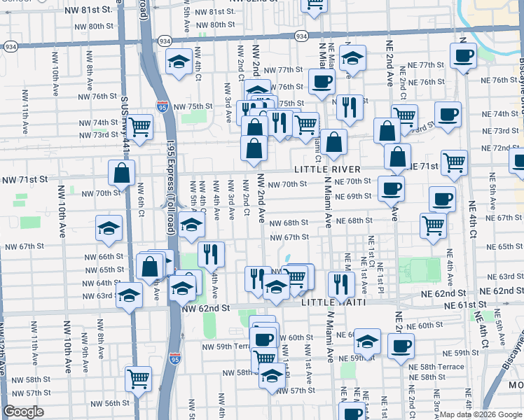 map of restaurants, bars, coffee shops, grocery stores, and more near 6825 Northwest 2nd Avenue in Miami