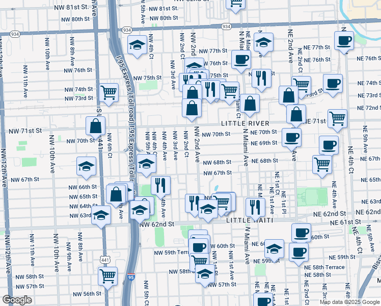 map of restaurants, bars, coffee shops, grocery stores, and more near 6825 Northwest 2nd Avenue in Miami
